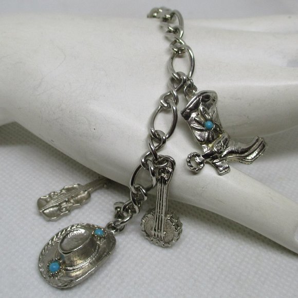 WESTERN CHARM BRACELETS Southwestern Silver Tone Charm Bracelet Turquoise Caboch - Picture 10 of 12